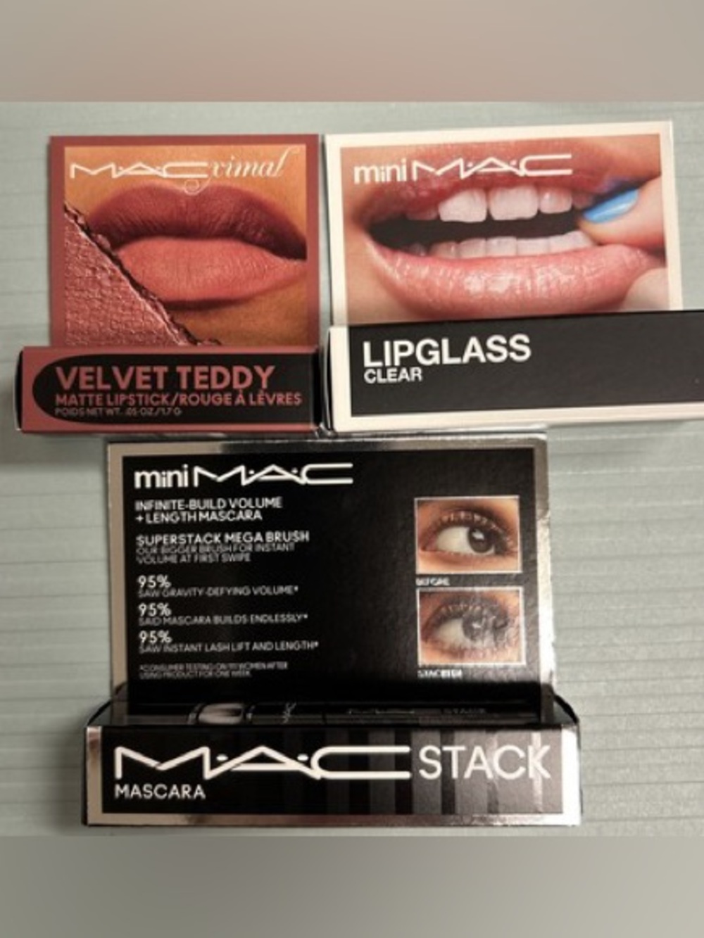 MAC Mini Lipglass Clear & Velvet Teddy Lipstick Mini Set and mini mascara